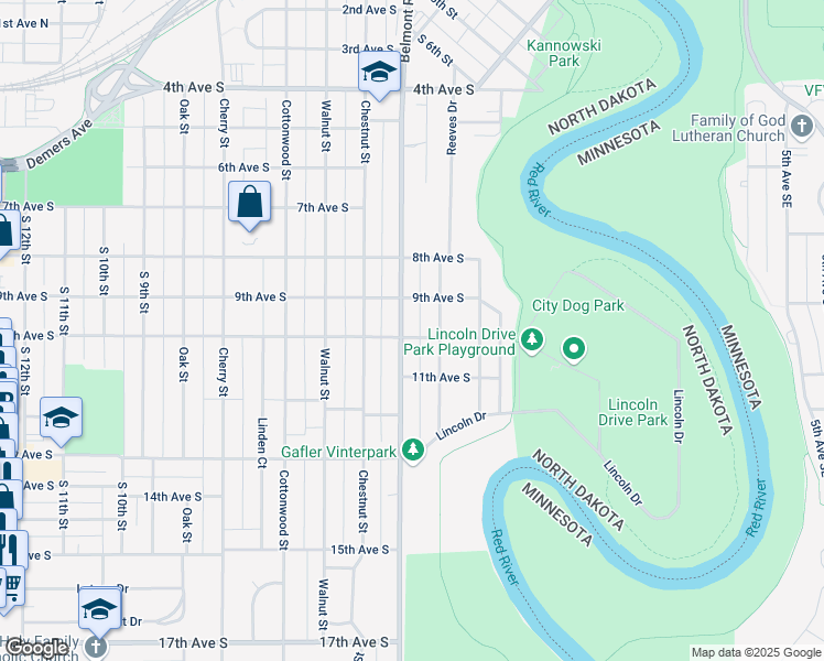 map of restaurants, bars, coffee shops, grocery stores, and more near 1010 Belmont Rd in Grand Forks