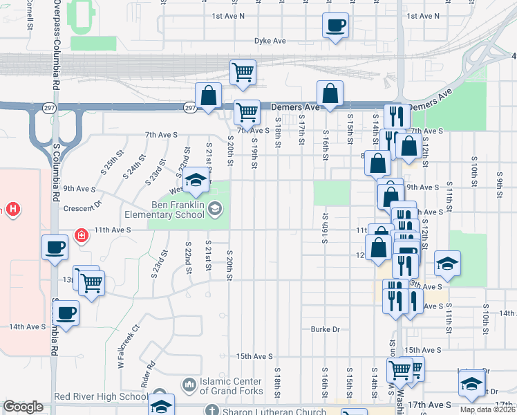 map of restaurants, bars, coffee shops, grocery stores, and more near 1001 South 19th Street in Grand Forks