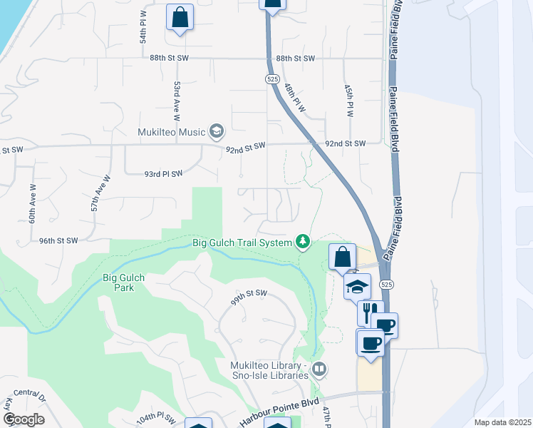 map of restaurants, bars, coffee shops, grocery stores, and more near 5010 94th Street Southwest in Mukilteo