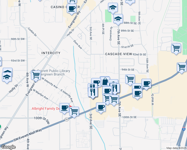 map of restaurants, bars, coffee shops, grocery stores, and more near 9305 3rd Place Southeast in Everett