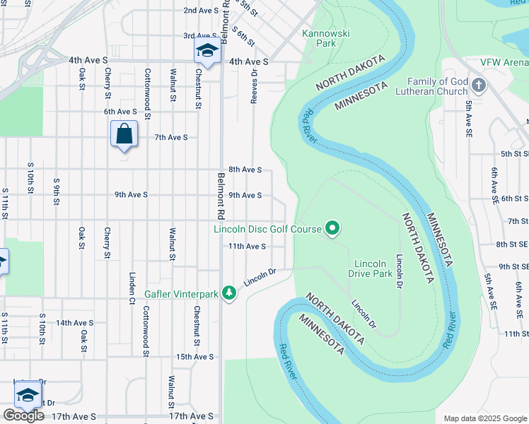 map of restaurants, bars, coffee shops, grocery stores, and more near 100-198 9th Ave S in Grand Forks