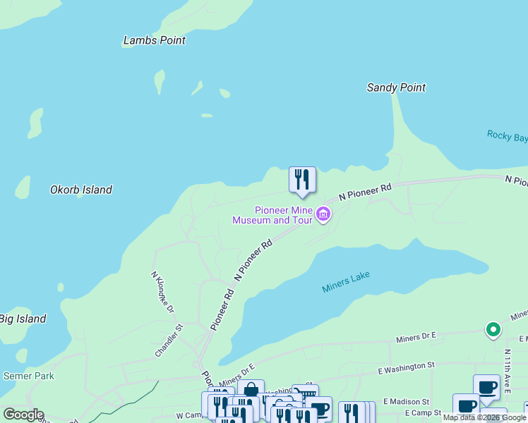 map of restaurants, bars, coffee shops, grocery stores, and more near 121 North Klondike Drive in Ely