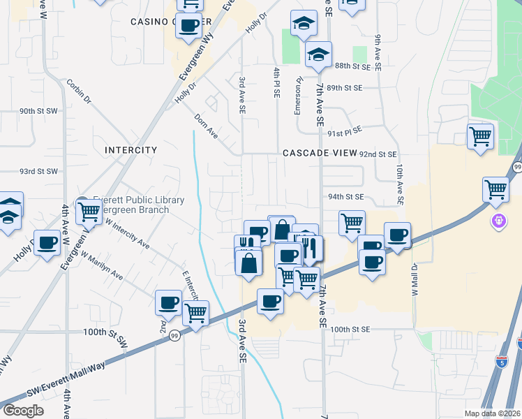 map of restaurants, bars, coffee shops, grocery stores, and more near 9305 3rd Place Southeast in Everett