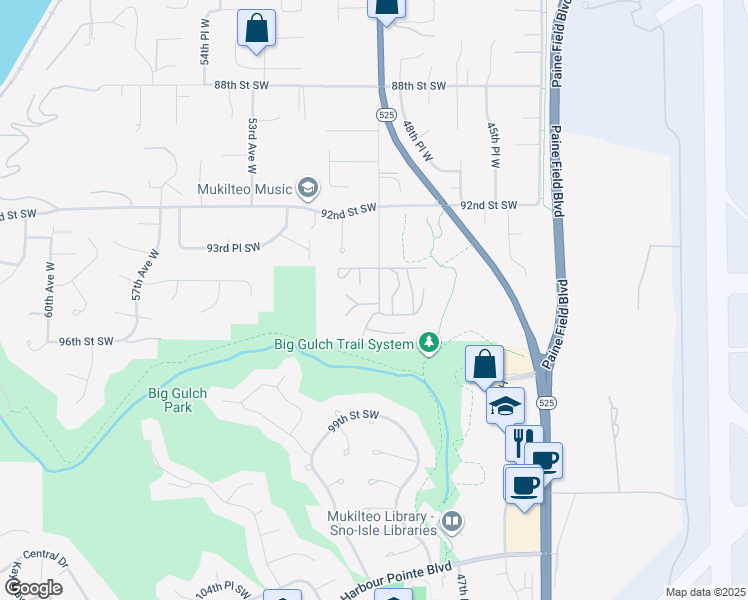 map of restaurants, bars, coffee shops, grocery stores, and more near 5010 94th Street Southwest in Mukilteo