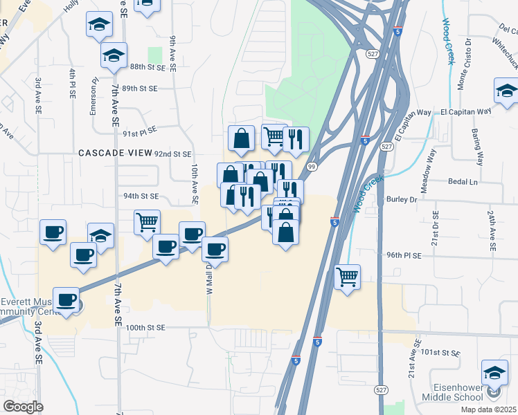 map of restaurants, bars, coffee shops, grocery stores, and more near 1405 Southeast Everett Mall Way in Everett