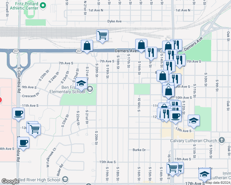 map of restaurants, bars, coffee shops, grocery stores, and more near 920 South 18th Street in Grand Forks