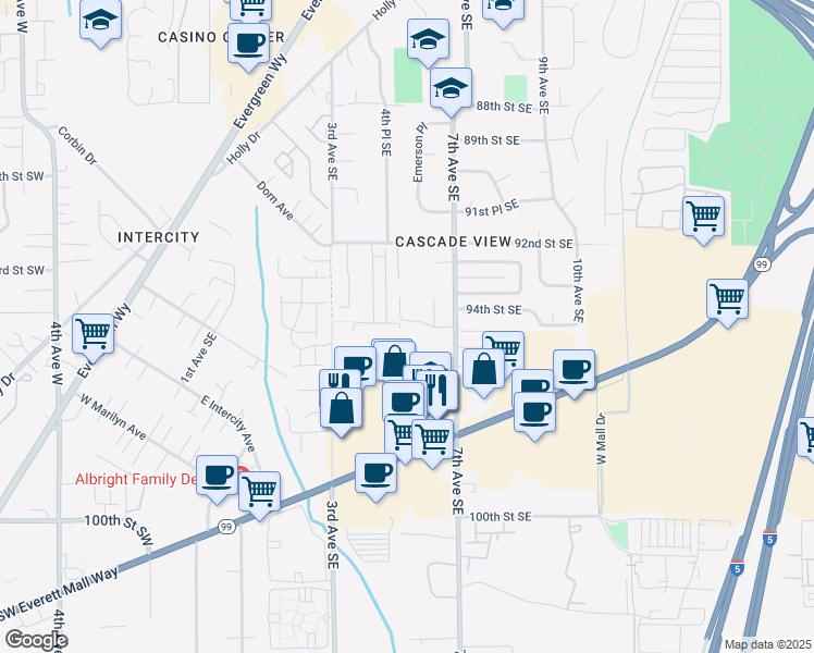 map of restaurants, bars, coffee shops, grocery stores, and more near 9410 7th Avenue Southeast in Everett