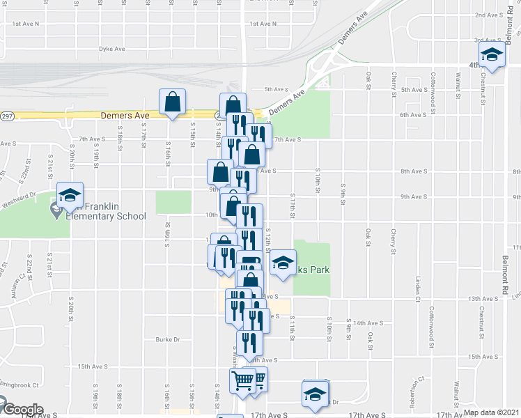 map of restaurants, bars, coffee shops, grocery stores, and more near 1204 9th Avenue South in Grand Forks