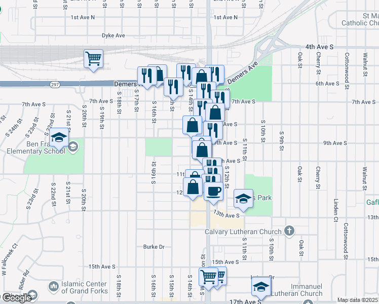 map of restaurants, bars, coffee shops, grocery stores, and more near 1401 9th Avenue South in Grand Forks