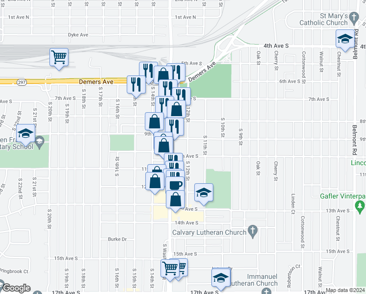 map of restaurants, bars, coffee shops, grocery stores, and more near 910 South 12th Street in Grand Forks