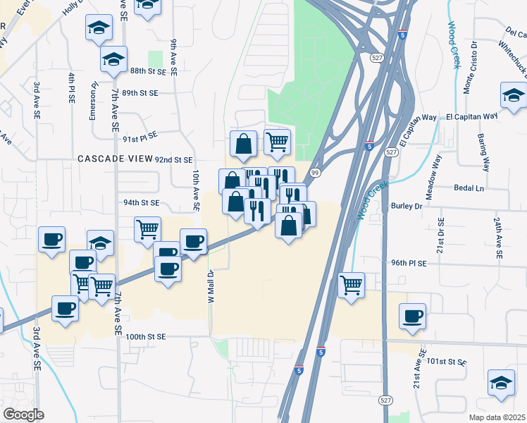 map of restaurants, bars, coffee shops, grocery stores, and more near 1405 Southeast Everett Mall Way in Everett