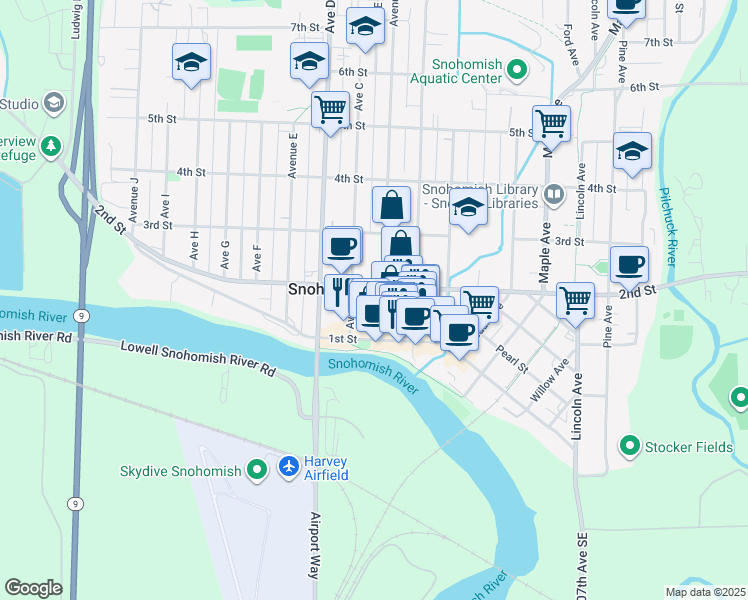 map of restaurants, bars, coffee shops, grocery stores, and more near 1010 2nd Street in Snohomish