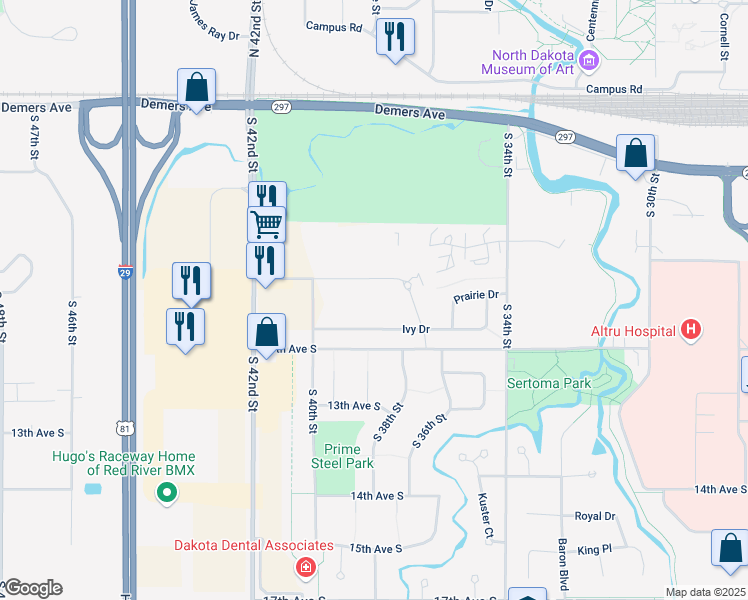 map of restaurants, bars, coffee shops, grocery stores, and more near 3841 Garden View Drive in Grand Forks