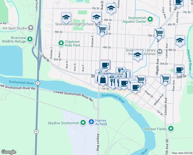 map of restaurants, bars, coffee shops, grocery stores, and more near in Snohomish