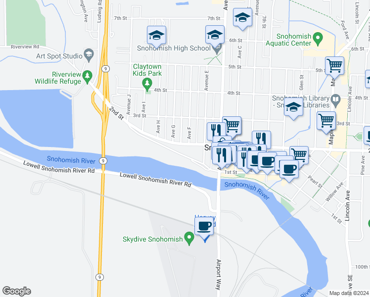 map of restaurants, bars, coffee shops, grocery stores, and more near 1501 2nd Street in Snohomish
