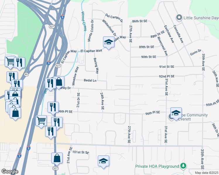 map of restaurants, bars, coffee shops, grocery stores, and more near 9321 Goblin Lane in Everett