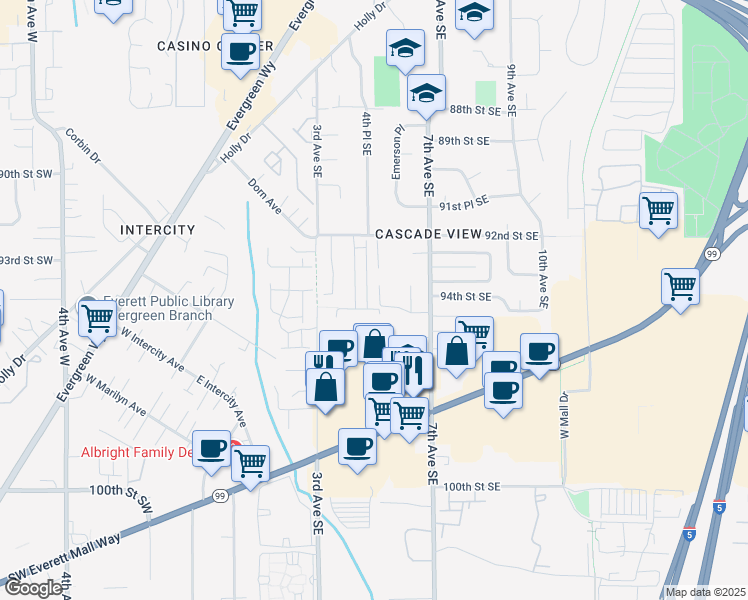map of restaurants, bars, coffee shops, grocery stores, and more near 9325 5th Drive Southeast in Everett