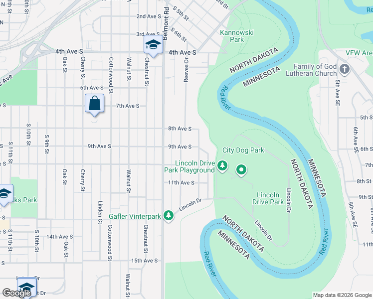 map of restaurants, bars, coffee shops, grocery stores, and more near 824 Reeves Drive in Grand Forks