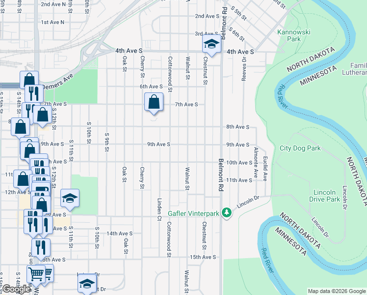 map of restaurants, bars, coffee shops, grocery stores, and more near 824 Walnut Street in Grand Forks