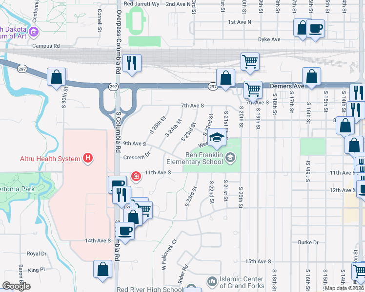 map of restaurants, bars, coffee shops, grocery stores, and more near 831 South 23rd Street in Grand Forks