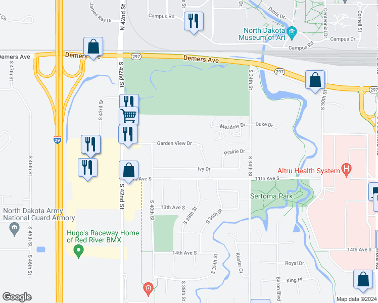 map of restaurants, bars, coffee shops, grocery stores, and more near 3841 Garden View Drive in Grand Forks