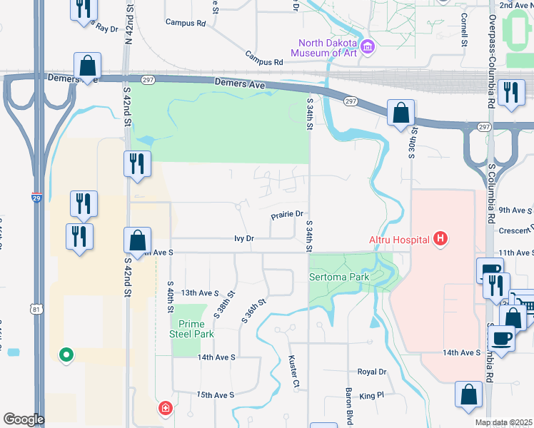map of restaurants, bars, coffee shops, grocery stores, and more near 3556 Prairie Drive in Grand Forks