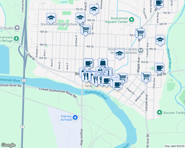 map of restaurants, bars, coffee shops, grocery stores, and more near 1175 2nd Street in Snohomish