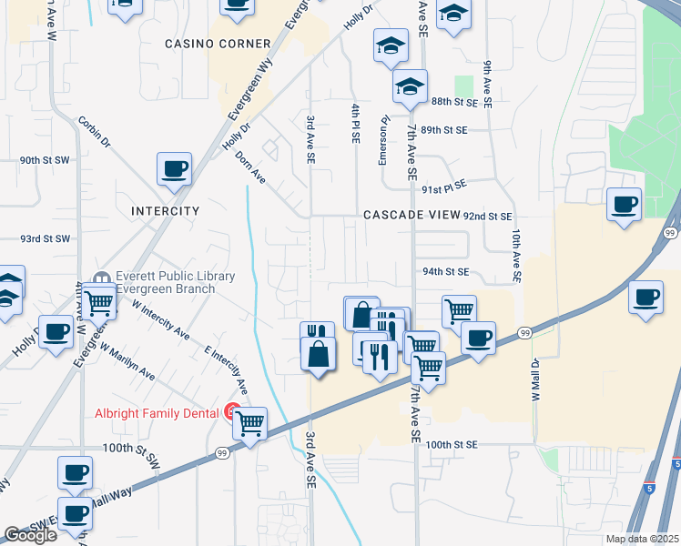 map of restaurants, bars, coffee shops, grocery stores, and more near 9305 3rd Place Southeast in Everett