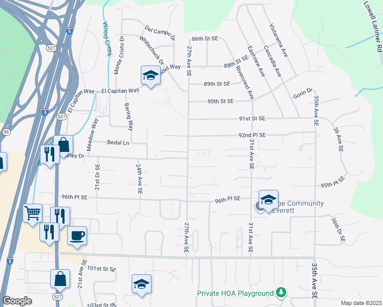 map of restaurants, bars, coffee shops, grocery stores, and more near 2710 93rd Place Southeast in Everett