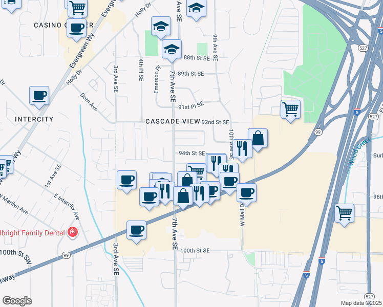 map of restaurants, bars, coffee shops, grocery stores, and more near 811 94th Street Southeast in Everett