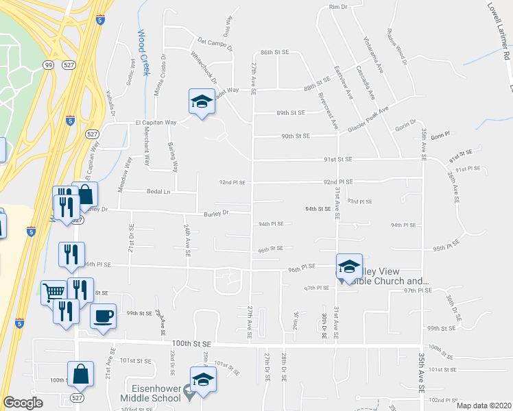 map of restaurants, bars, coffee shops, grocery stores, and more near 2710 93rd Place Southeast in Everett