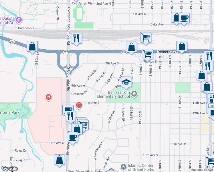 map of restaurants, bars, coffee shops, grocery stores, and more near 831 South 23rd Street in Grand Forks