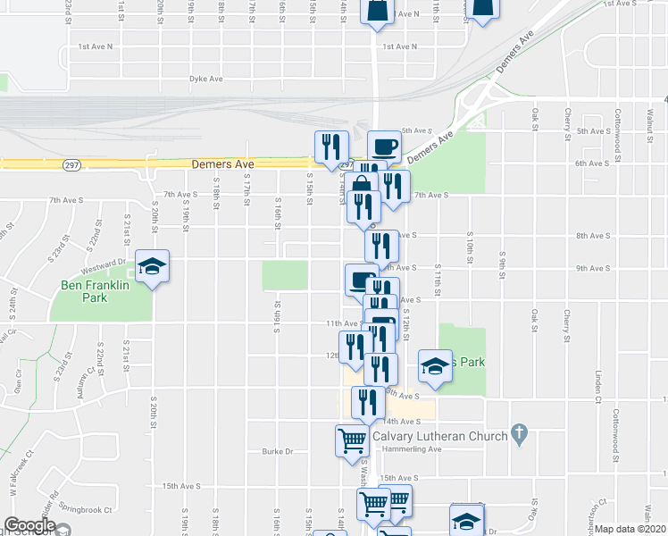 map of restaurants, bars, coffee shops, grocery stores, and more near 1401 9th Avenue South in Grand Forks