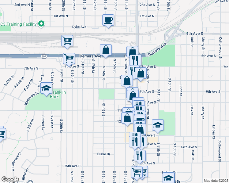 map of restaurants, bars, coffee shops, grocery stores, and more near 903 South 15th Street in Grand Forks