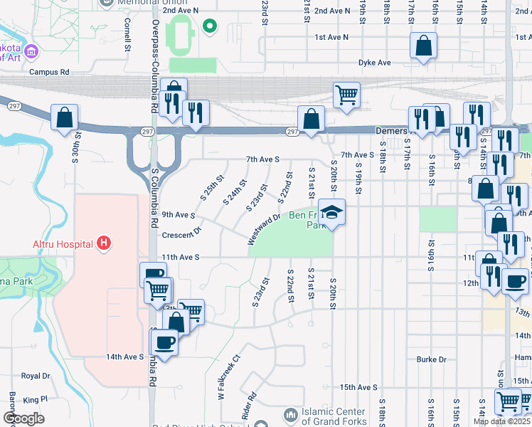 map of restaurants, bars, coffee shops, grocery stores, and more near 2202 Westward Dr in Grand Forks