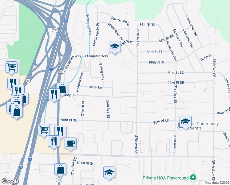 map of restaurants, bars, coffee shops, grocery stores, and more near 9321 Goblin Lane in Everett
