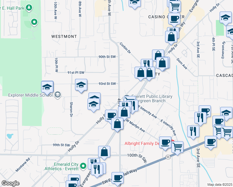 map of restaurants, bars, coffee shops, grocery stores, and more near 411 94th Street Southwest in Everett