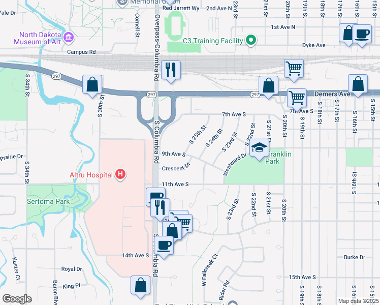map of restaurants, bars, coffee shops, grocery stores, and more near 833 S 25th St in Grand Forks