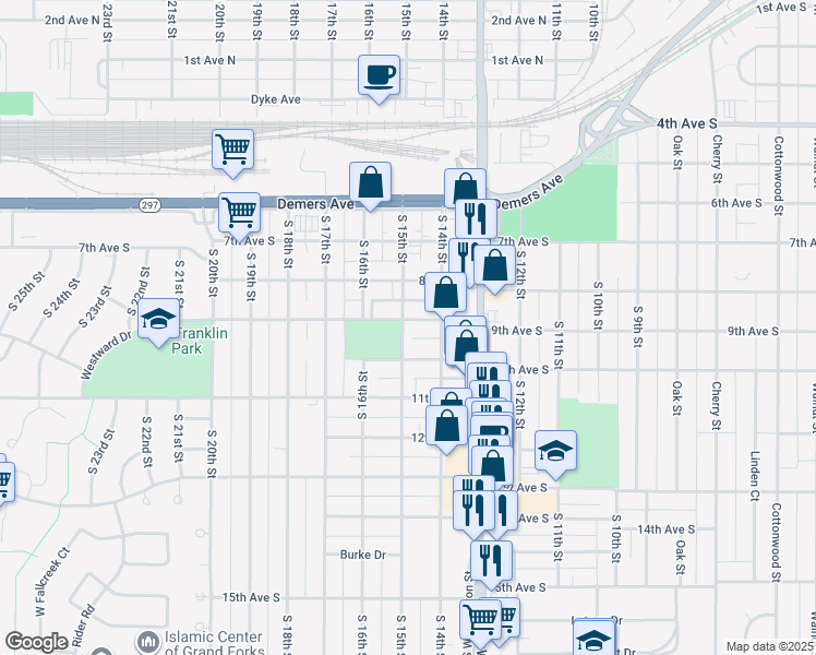 map of restaurants, bars, coffee shops, grocery stores, and more near 903 South 15th Street in Grand Forks