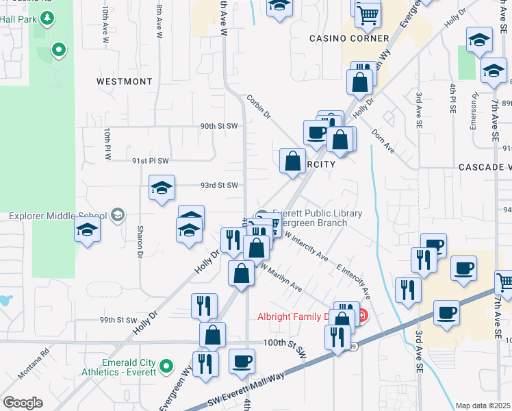 map of restaurants, bars, coffee shops, grocery stores, and more near 9320 Holly Drive in Everett