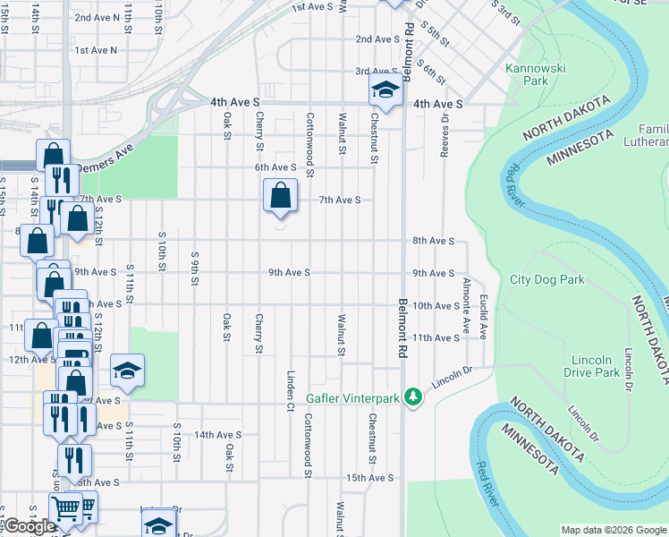 map of restaurants, bars, coffee shops, grocery stores, and more near 824 Walnut Street in Grand Forks