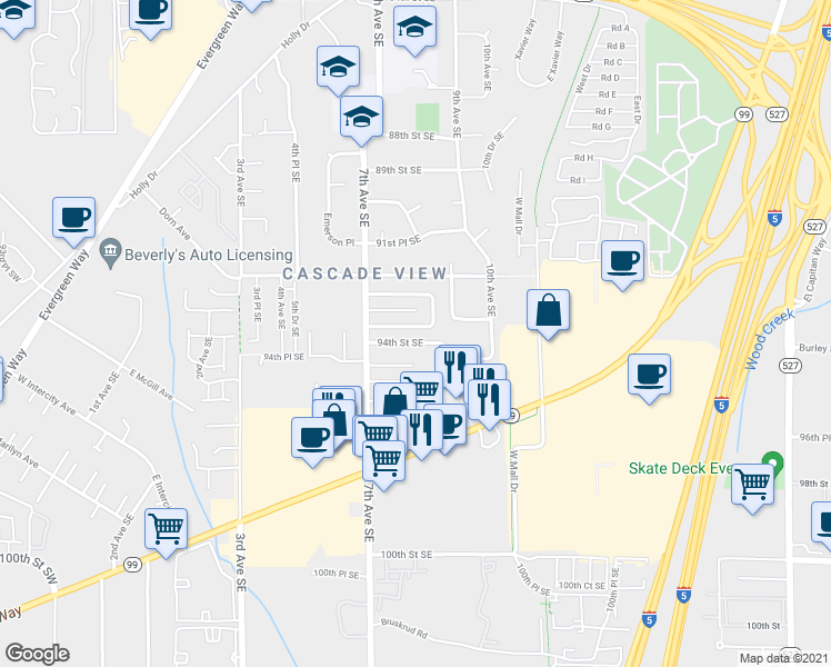 map of restaurants, bars, coffee shops, grocery stores, and more near 811 94th Street Southeast in Everett
