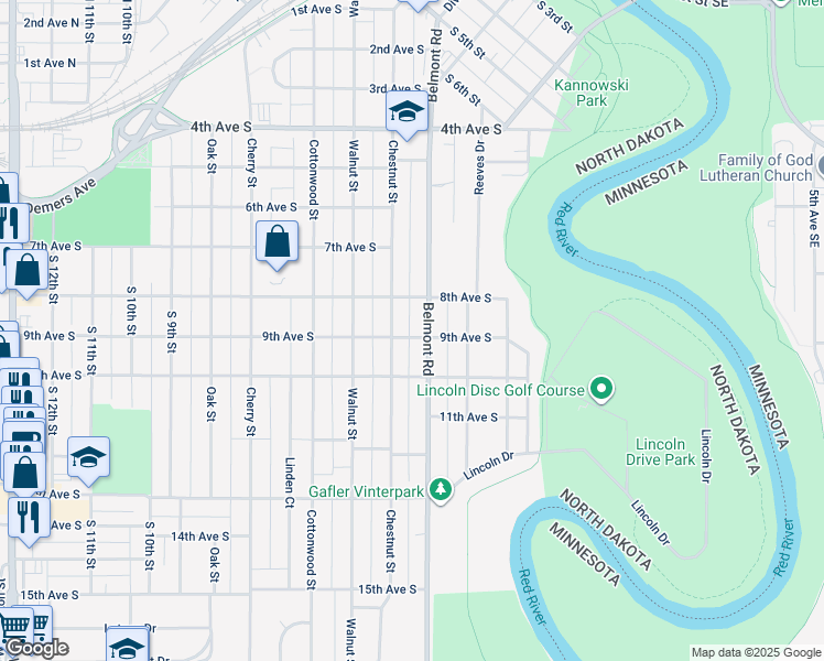 map of restaurants, bars, coffee shops, grocery stores, and more near 312 9th Avenue South in Grand Forks