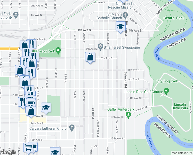 map of restaurants, bars, coffee shops, grocery stores, and more near 822 Cottonwood Street in Grand Forks