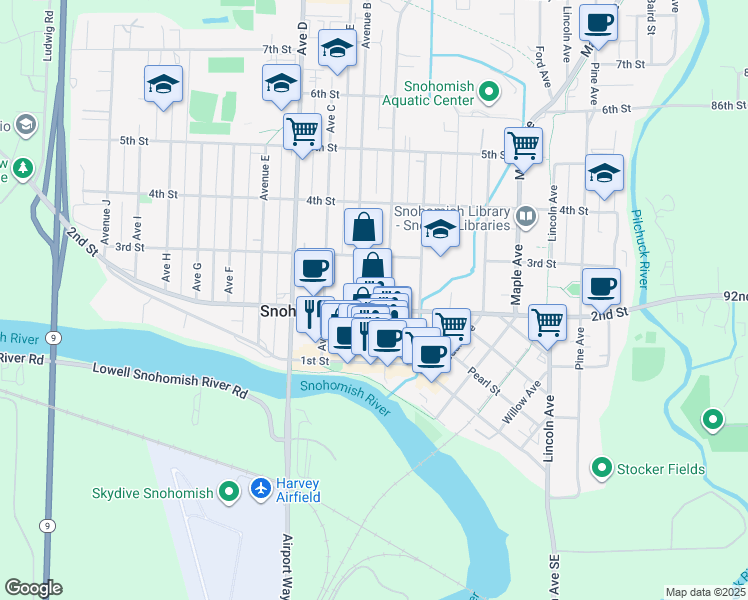 map of restaurants, bars, coffee shops, grocery stores, and more near 1010 2nd Street in Snohomish