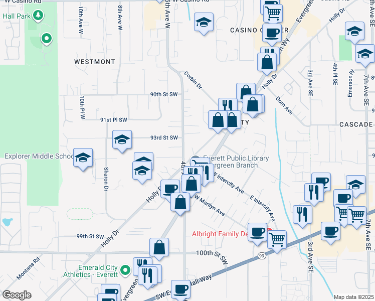 map of restaurants, bars, coffee shops, grocery stores, and more near 411 94th Street Southwest in Everett