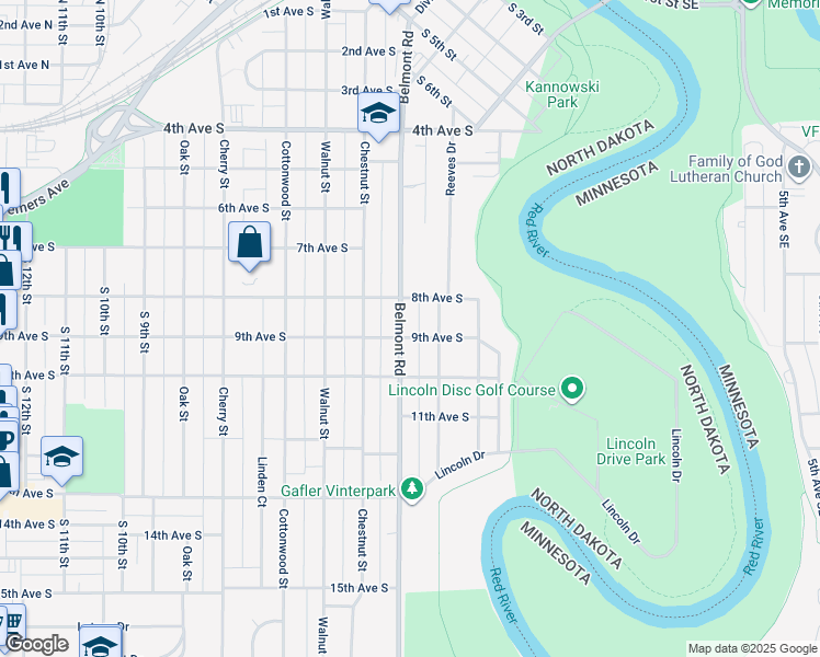 map of restaurants, bars, coffee shops, grocery stores, and more near 300-312 9th Avenue South in Grand Forks