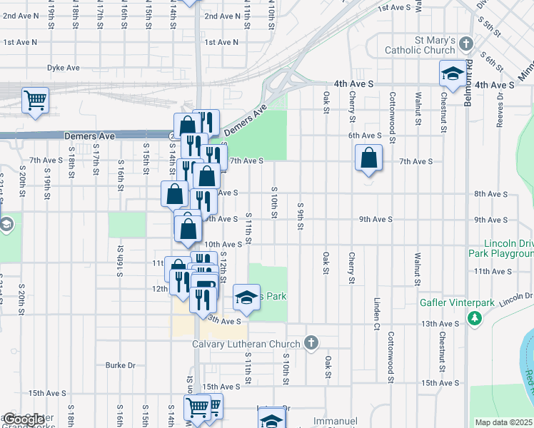 map of restaurants, bars, coffee shops, grocery stores, and more near 824 South 10th Street in Grand Forks