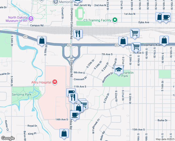 map of restaurants, bars, coffee shops, grocery stores, and more near 833 South 25th Street in Grand Forks
