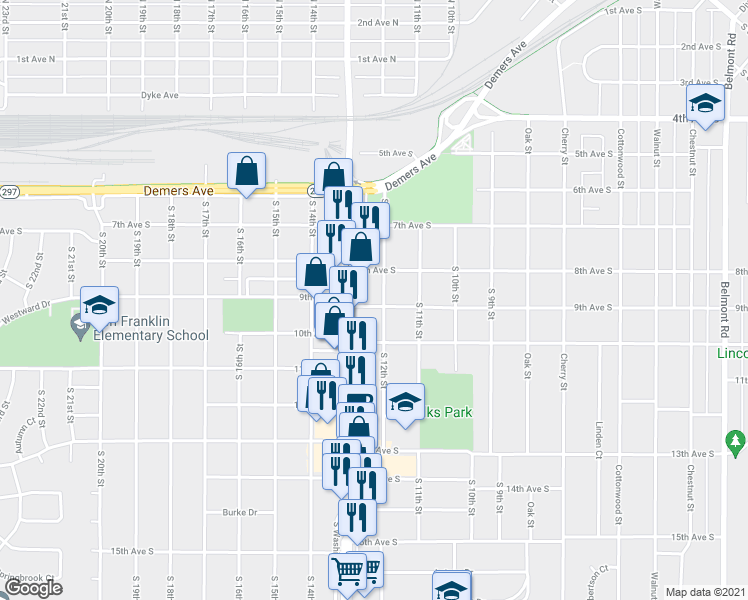 map of restaurants, bars, coffee shops, grocery stores, and more near 1204 9th Avenue South in Grand Forks